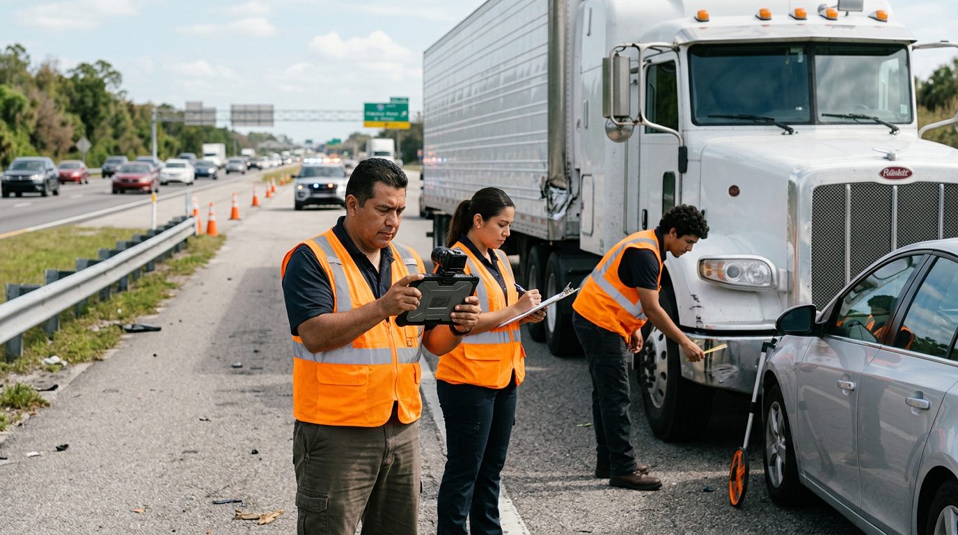 Investigadores documentando accidente vehicular en carretera cerrada.