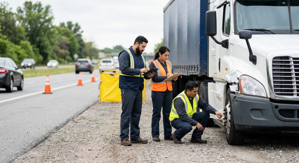 Investigadores documentando vehículos accidentados en carretera cerrada.