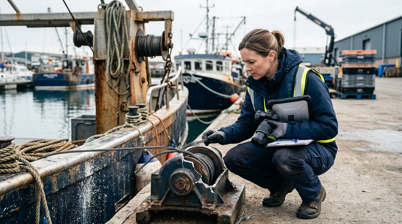 Investigator documenting failed deck equipment on commercial fishing vessel at dock.