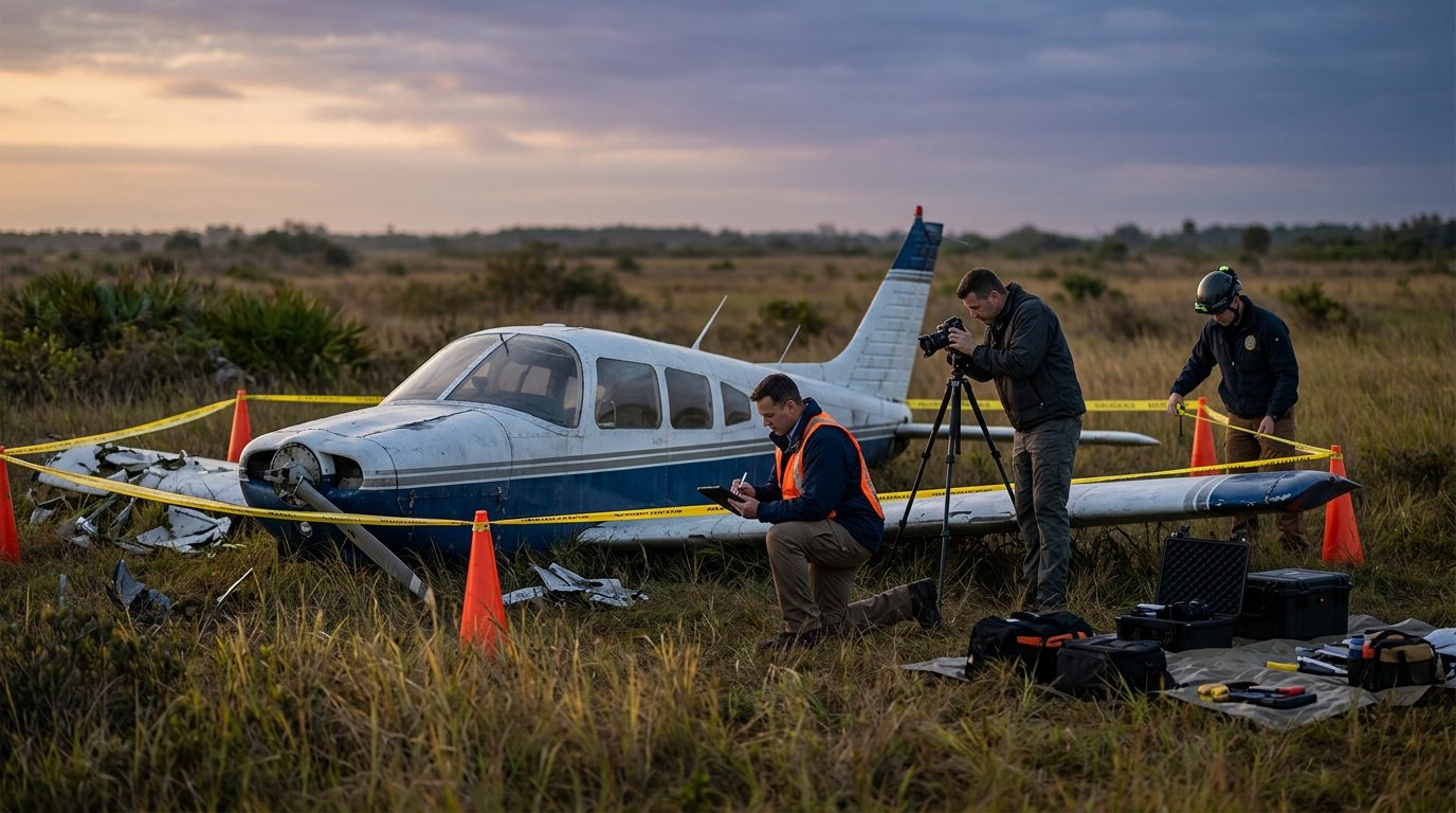 Investigators document a small aircraft fuselage in a cordoned field at dawn.