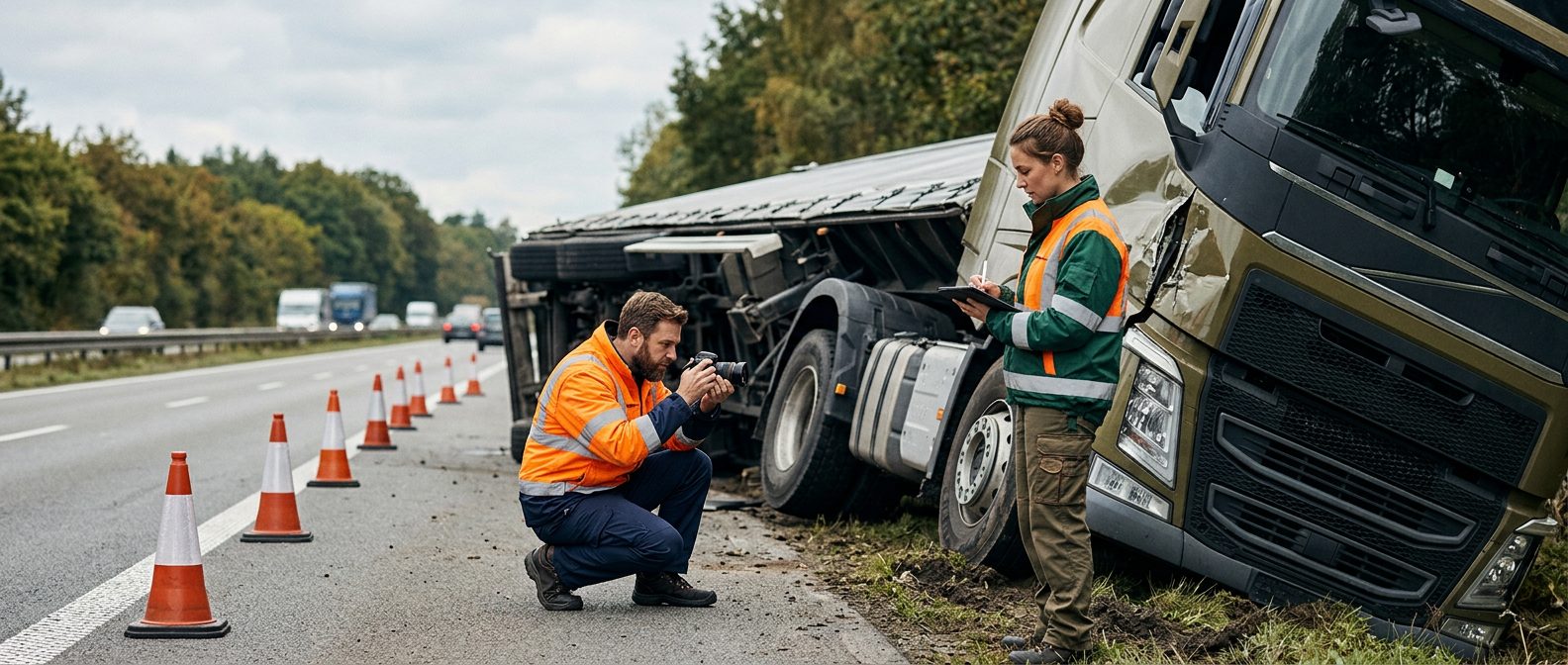 Investigators document damage on commercial trucks at a highway accident scene.