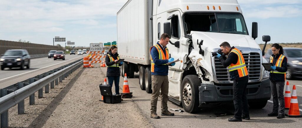 Investigators document damage on commercial trucks at a highway accident scene.