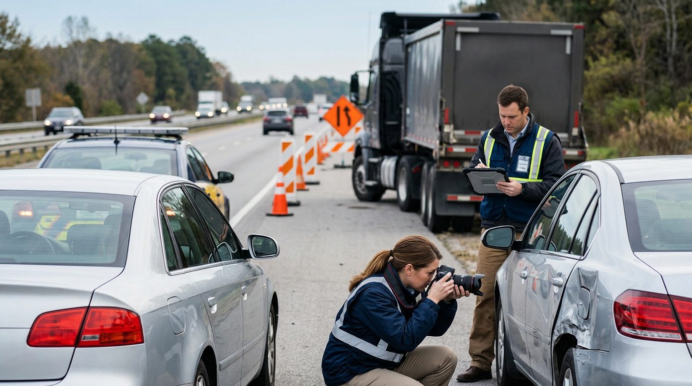 Investigators document damage on vehicles after a commercial truck collision on a closed highway lane.