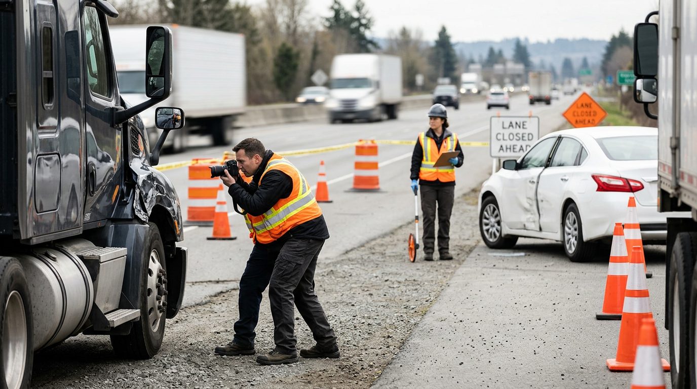 Investigators document damage on vehicles after a highway collision.