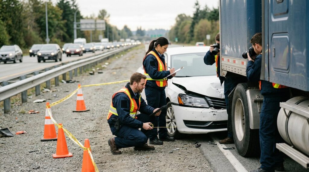 Investigators document damage to vehicles after a commercial truck collision on a closed highway.