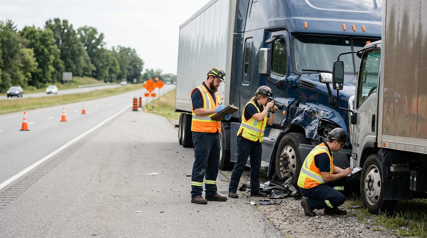 Investigators document damage to vehicles at a highway accident scene.