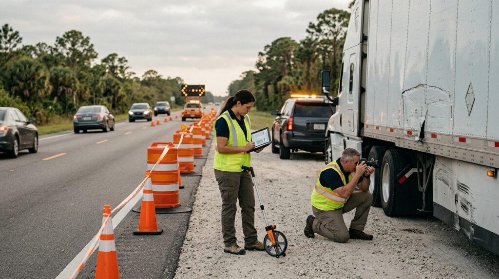 Investigators documenting a vehicle accident scene on a closed highway lane.