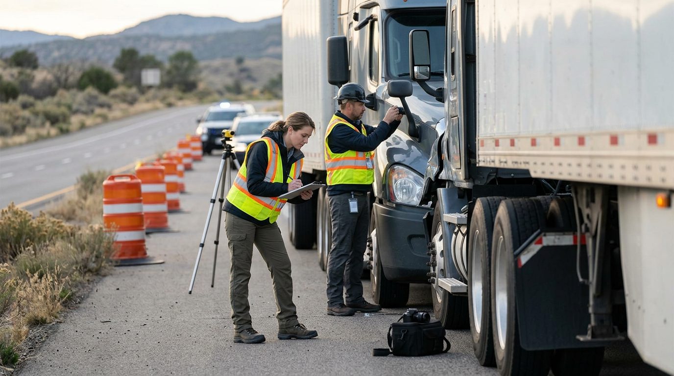 Investigators documenting a vehicle collision scene on a closed highway lane.