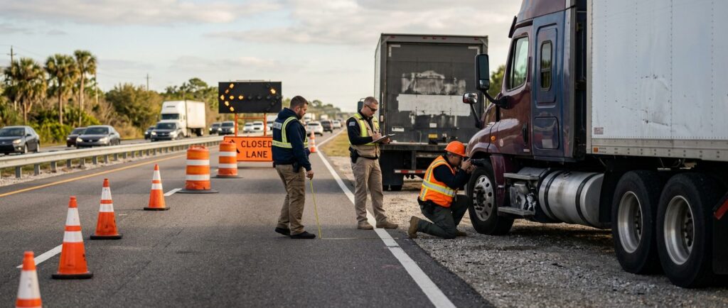 Investigators documenting a vehicle collision scene on a closed highway lane.