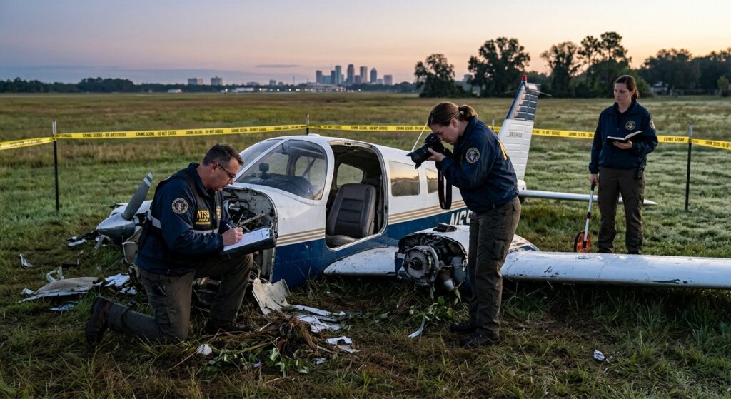 Investigators documenting aircraft wreckage in a cordoned field at dawn.