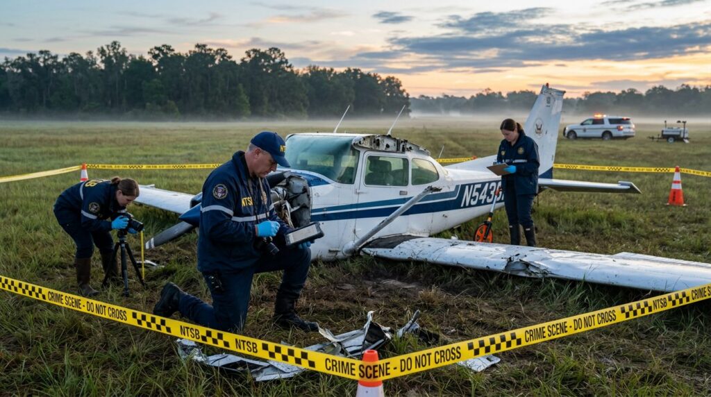 Investigators documenting aircraft wreckage in a cordoned field.