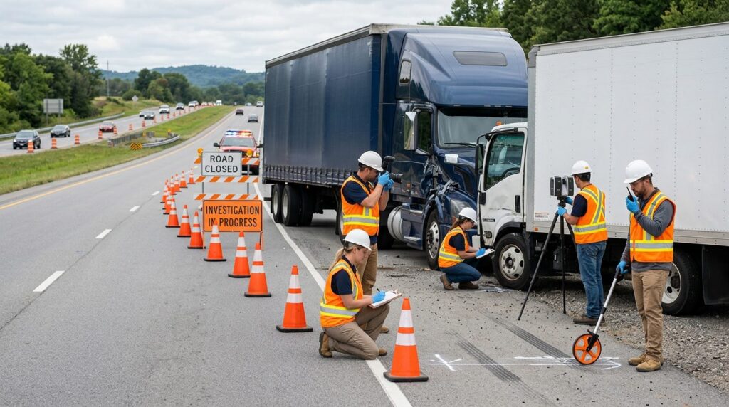 Investigators documenting commercial truck collision damage on closed highway lane.