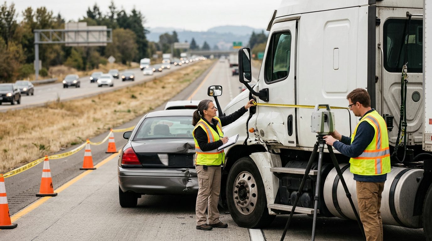 Investigators documenting damage on commercial trucks after highway collision.
