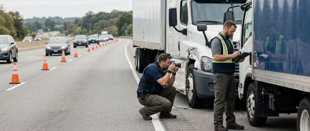 Investigators documenting damage on commercial trucks after highway collision.