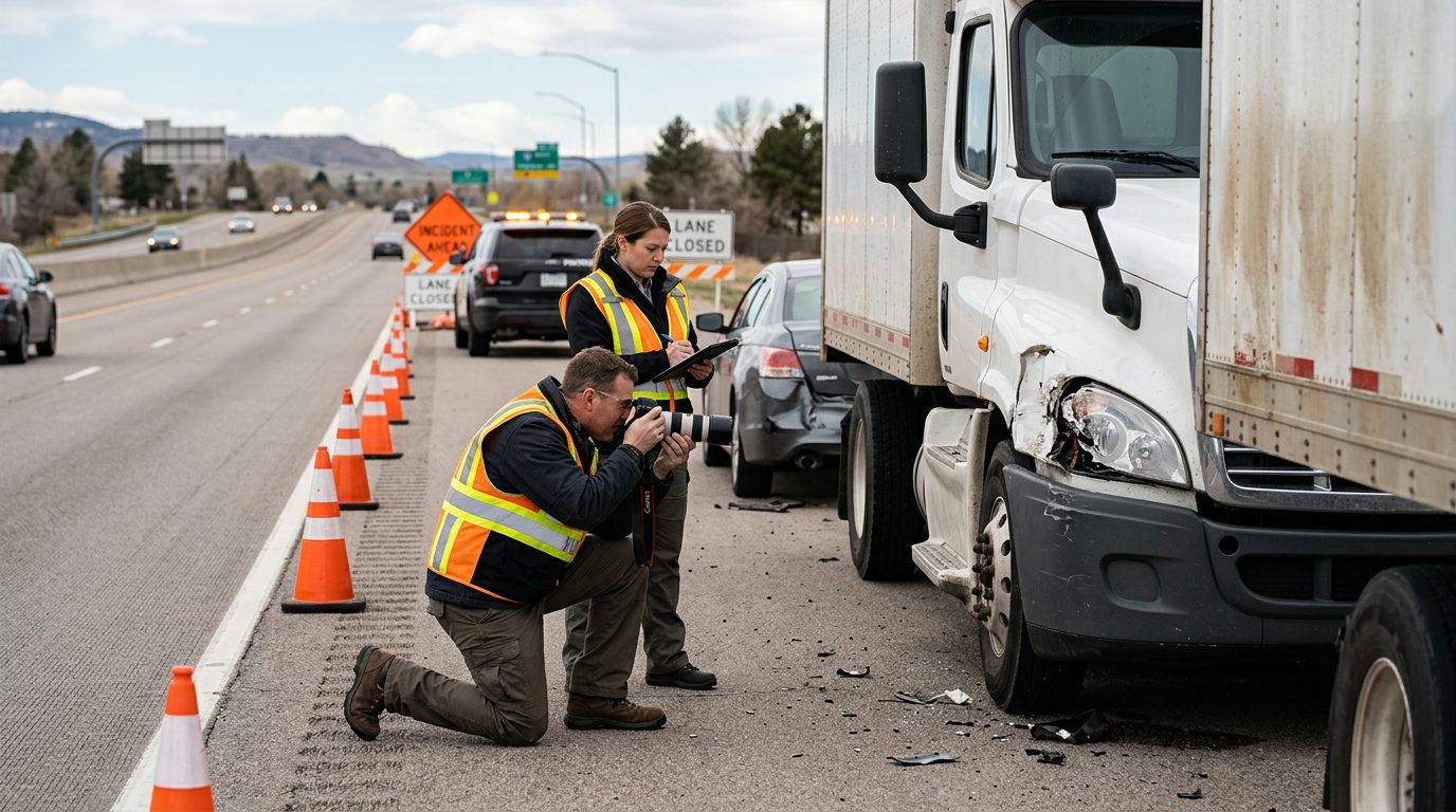 Investigators documenting damage on commercial trucks at a highway accident scene.