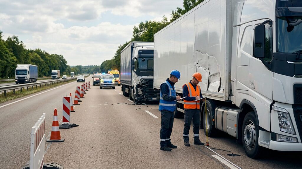 Investigators documenting damage on commercial trucks at highway accident scene.