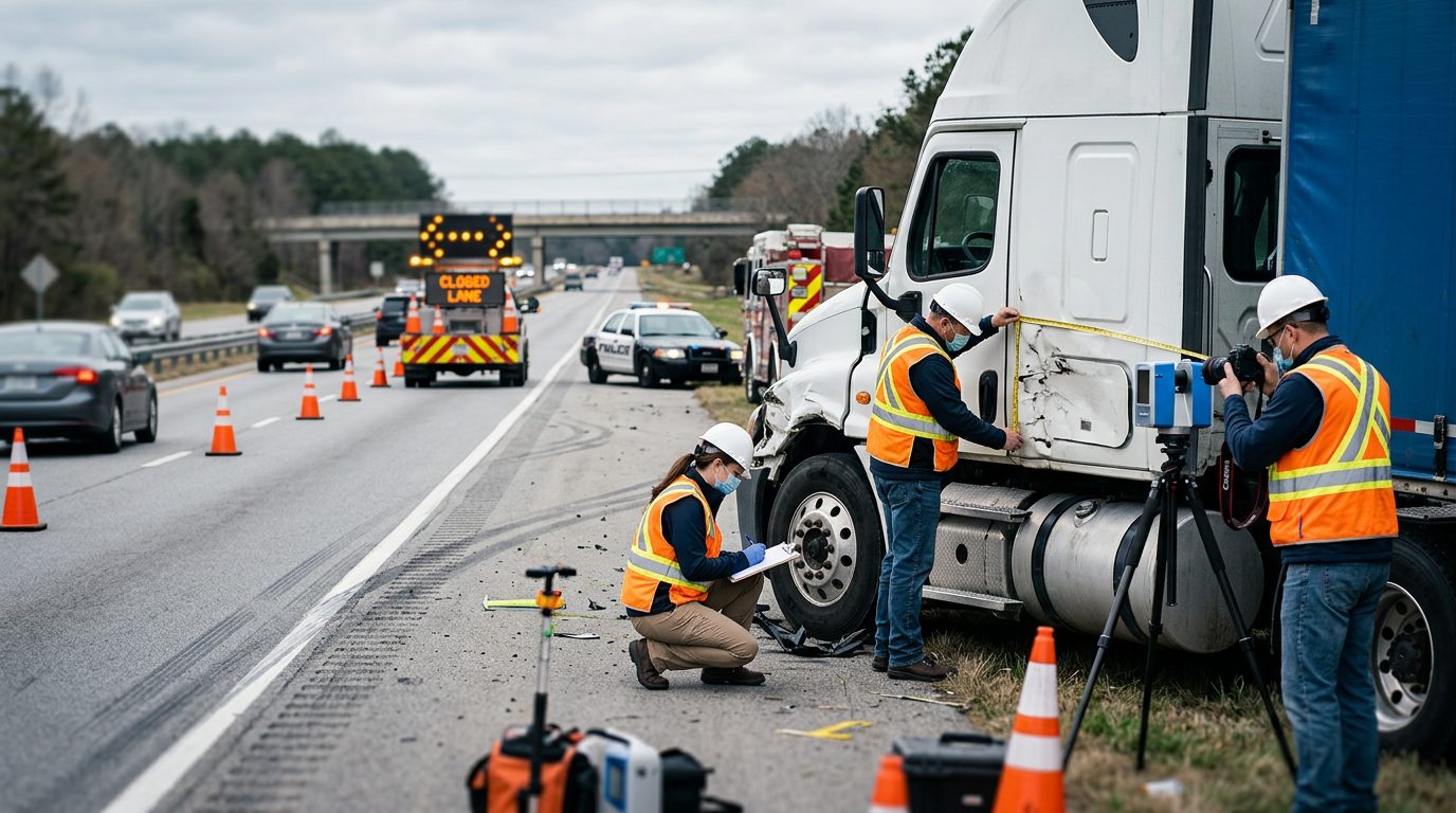 Investigators documenting damage on vehicles after a highway collision.