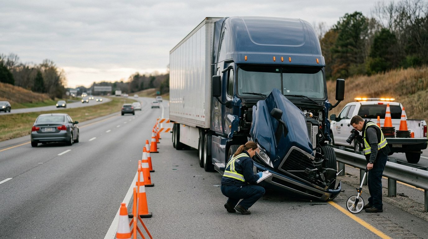 Investigators documenting damage to vehicles after a highway collision.