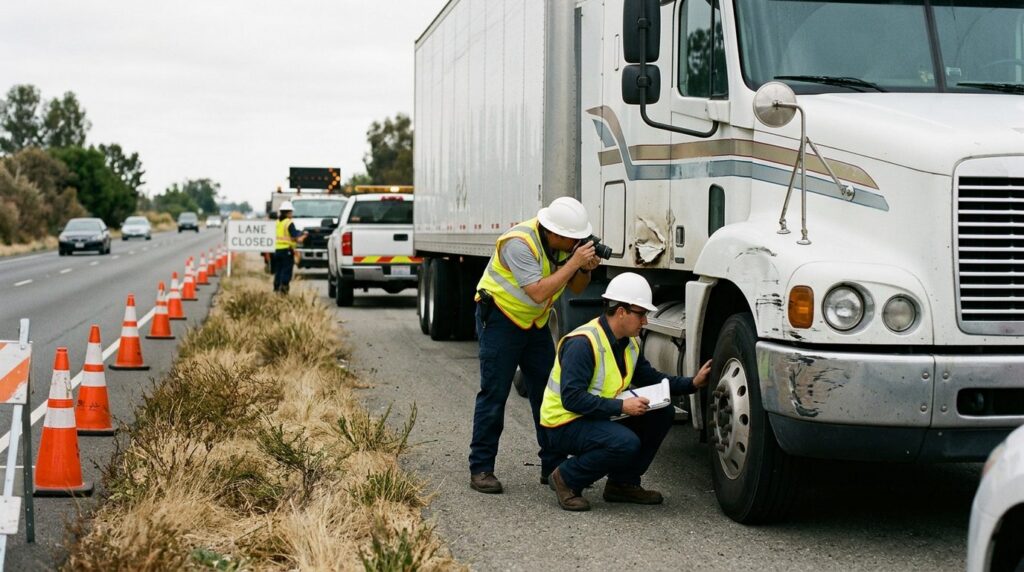Investigators documenting damage to vehicles at a highway accident scene.
