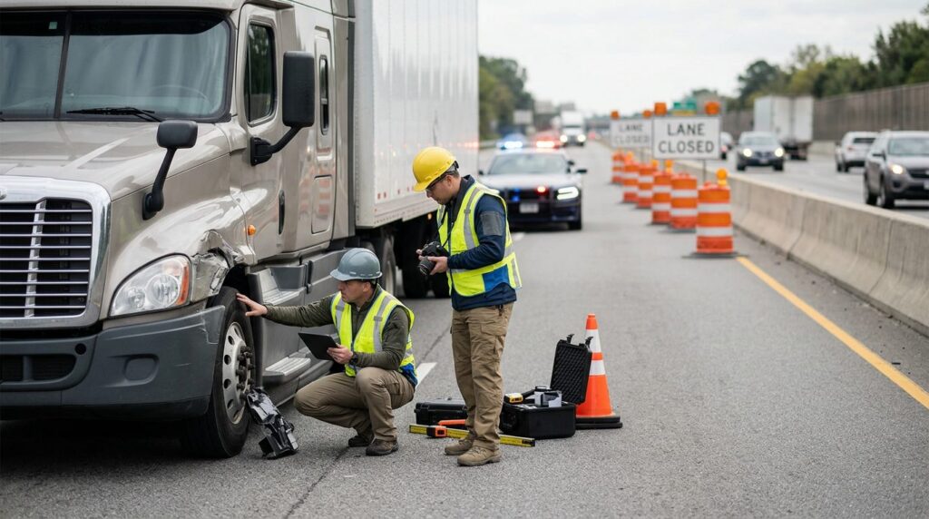 Investigators documenting damage to vehicles at a highway accident scene.