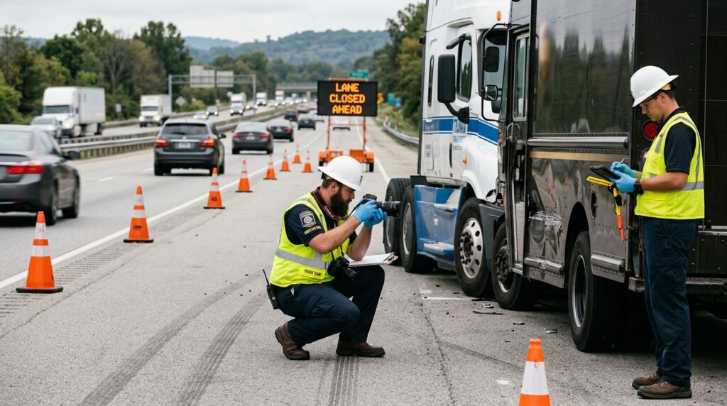 Investigators documenting damage to vehicles on a closed highway lane after collision.