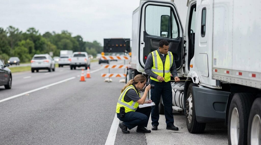 Investigators documenting vehicle damage at a highway accident scene.