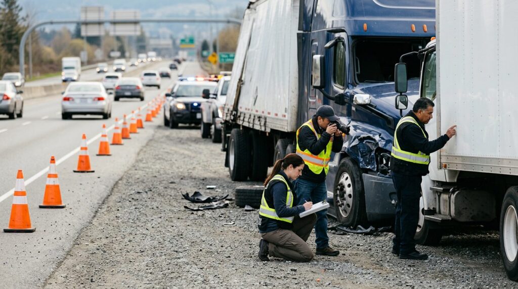 Investigators documenting vehicle damage at a highway accident scene.
