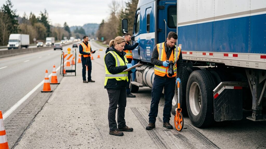Investigators documenting vehicle damage at a highway accident scene.