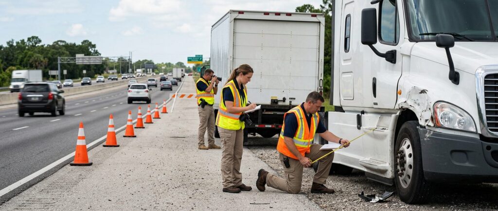 Investigators documenting vehicles at a highway accident scene beside a closed lane.