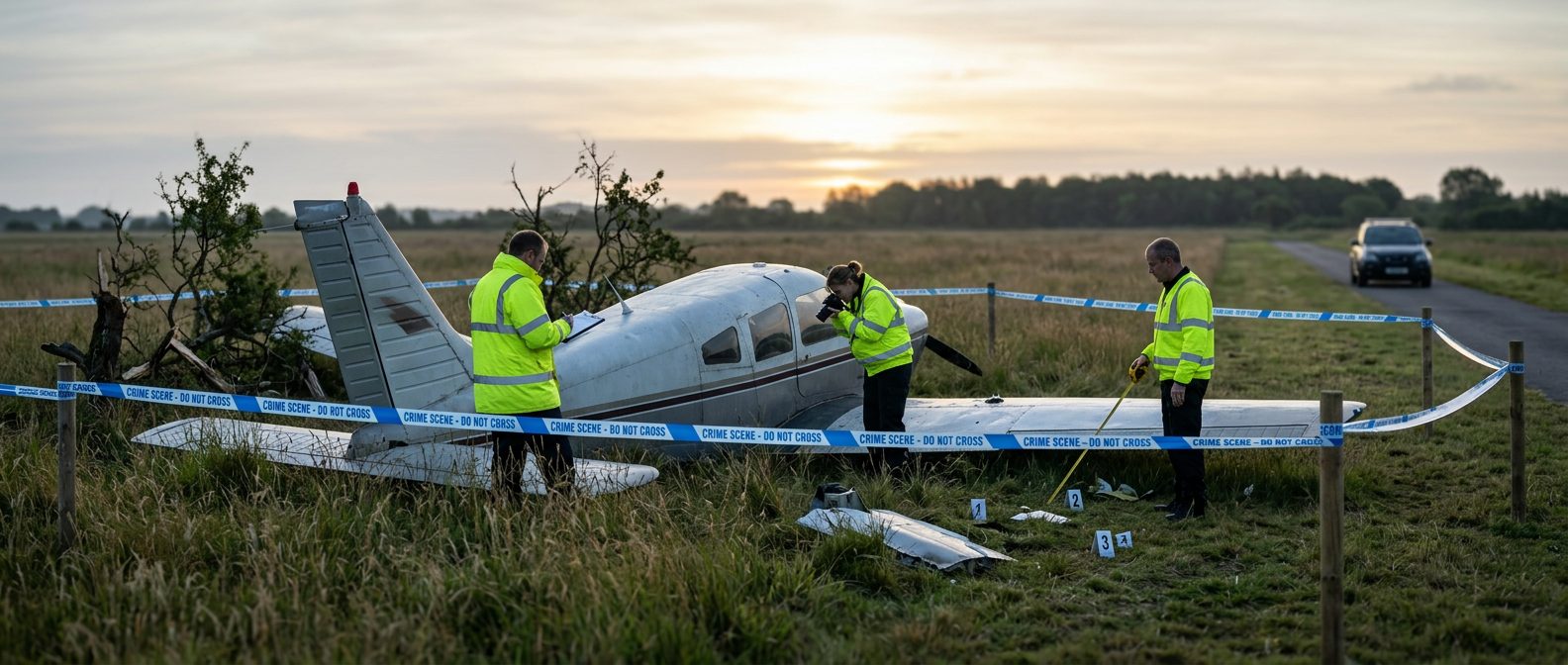 Investigators examine small aircraft wreckage in cordoned field at dawn.