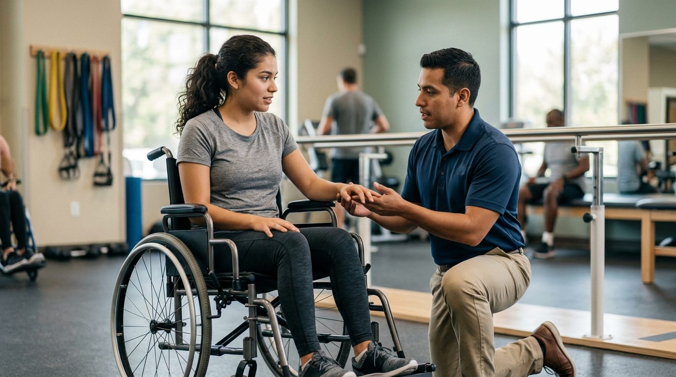 Joven adulto en silla de ruedas durante sesión de rehabilitación con fisioterapeuta.