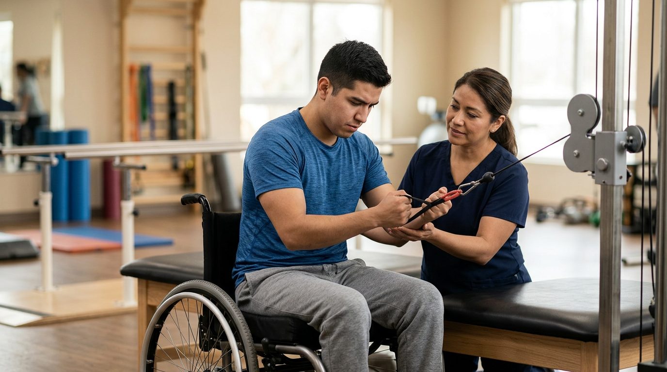 Joven en silla de ruedas con terapeuta en gimnasio de rehabilitación por lesión medular.