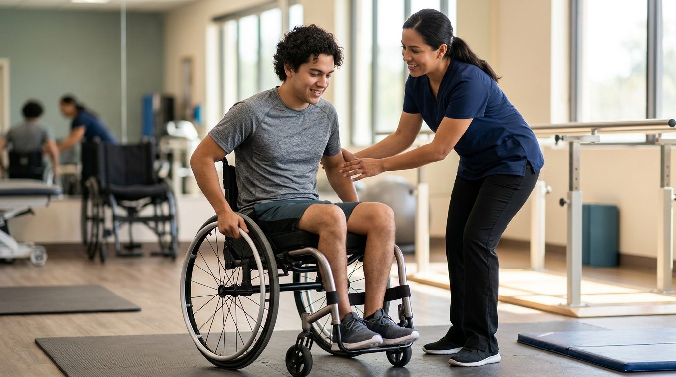 Joven en silla de ruedas con terapeuta en gimnasio de rehabilitación de lesión medular.