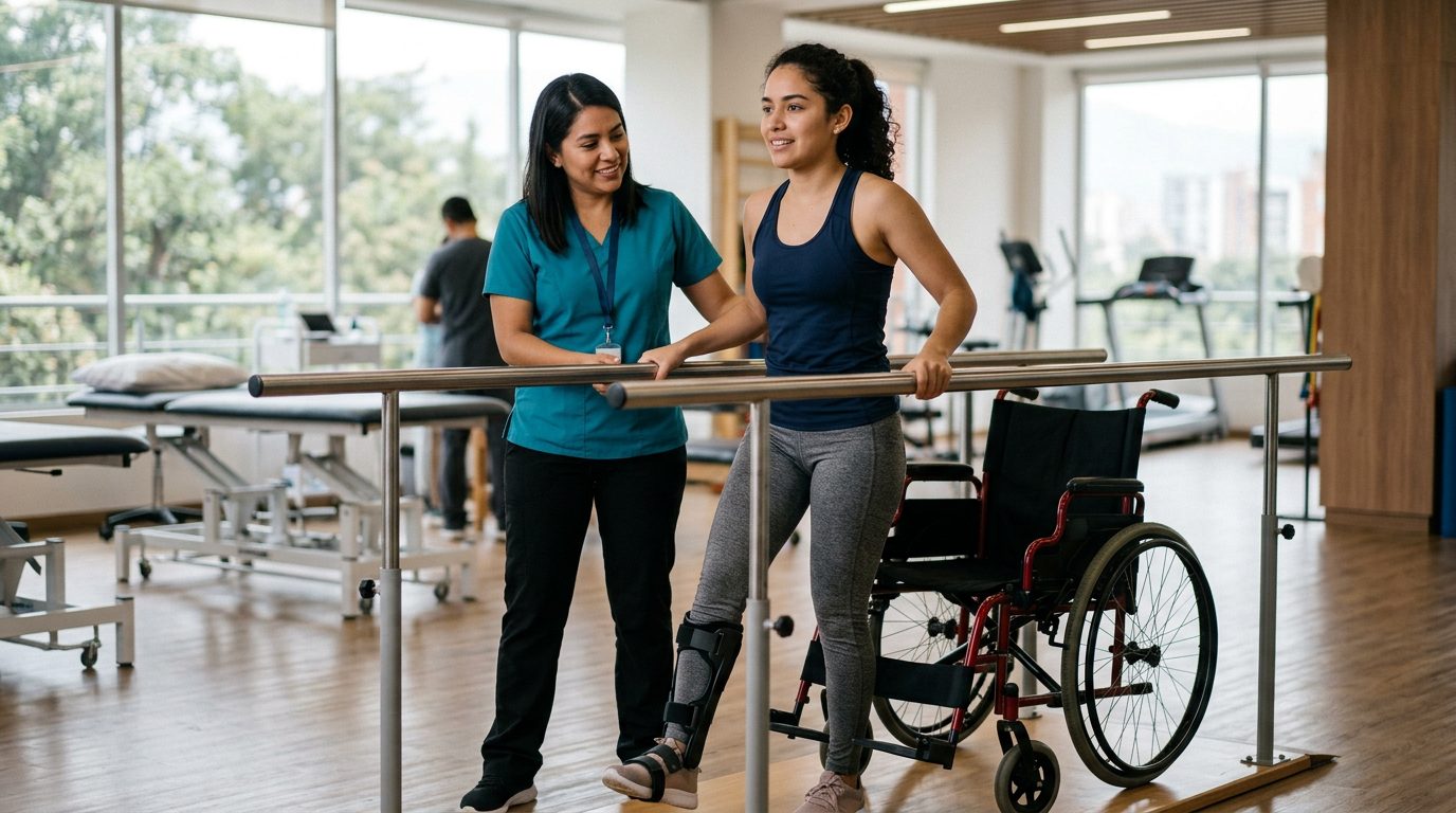 Joven en silla de ruedas con terapeuta en gimnasio de rehabilitación de lesión medular.
