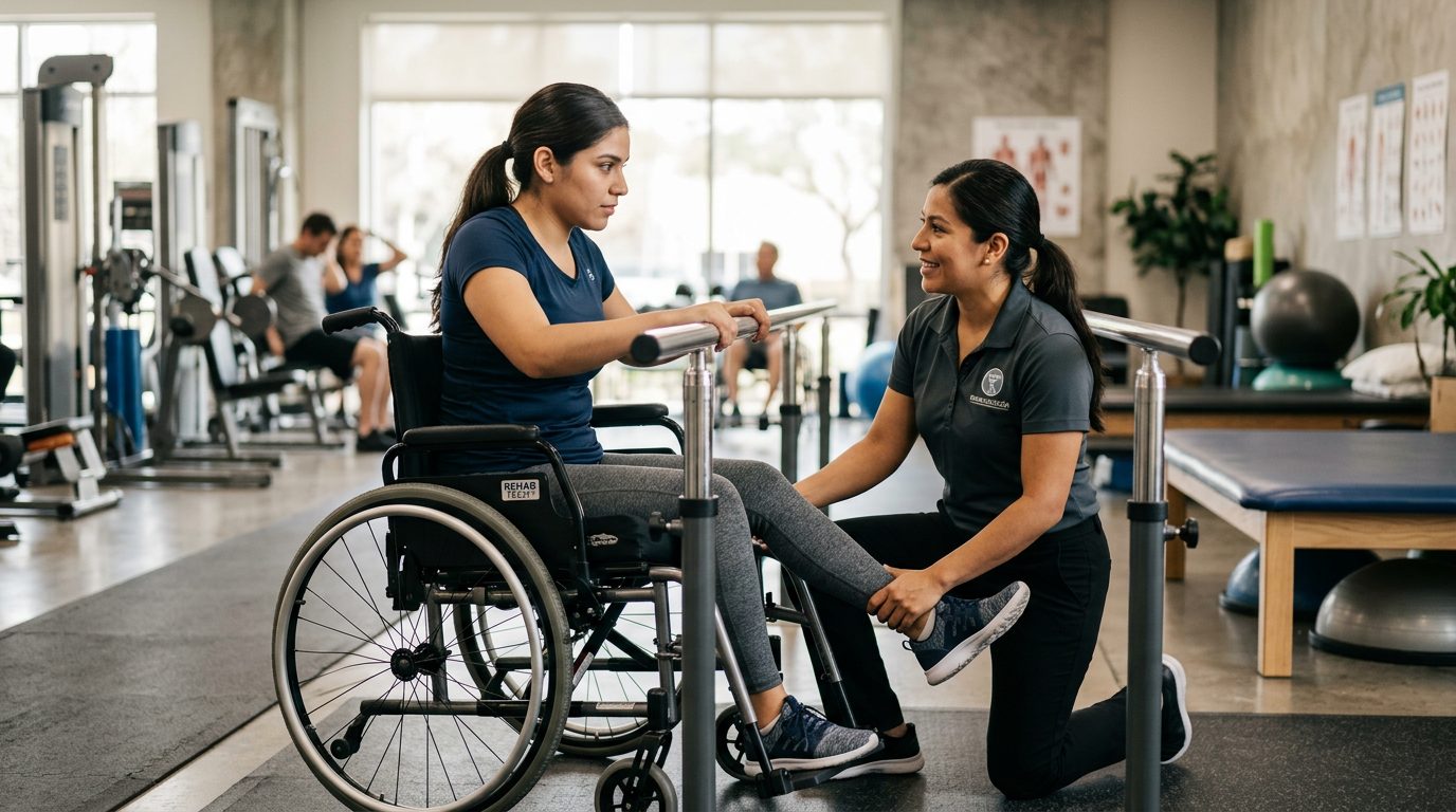 Joven en silla de ruedas con terapeuta físico en gimnasio de rehabilitación de lesiones de médula espinal.