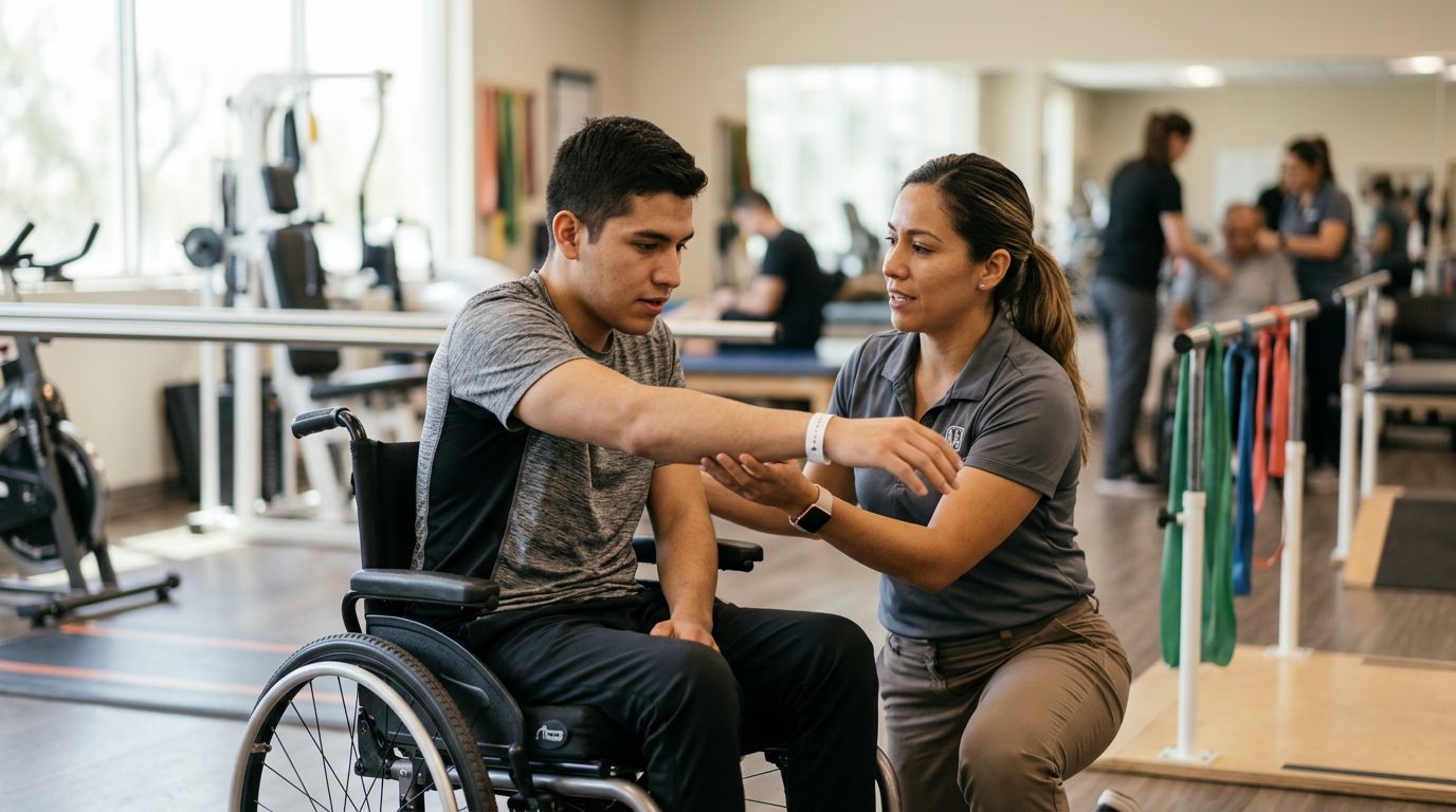 Joven en silla de ruedas con terapeuta físico en gimnasio de rehabilitación por lesión medular.