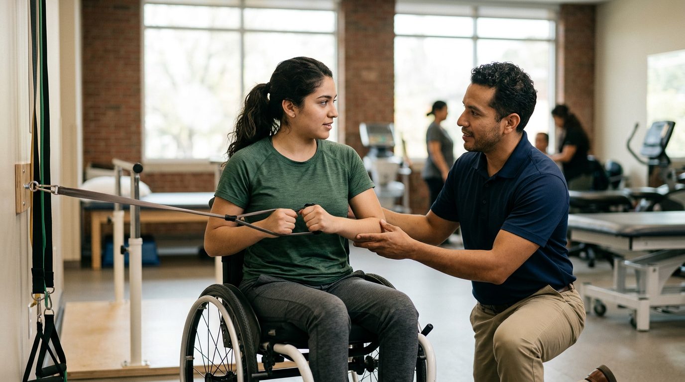 Joven en silla de ruedas durante rehabilitación de lesión medular con fisioterapeuta.