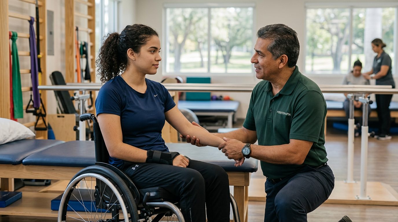 Joven en silla de ruedas durante sesión de rehabilitación con terapeuta físico.