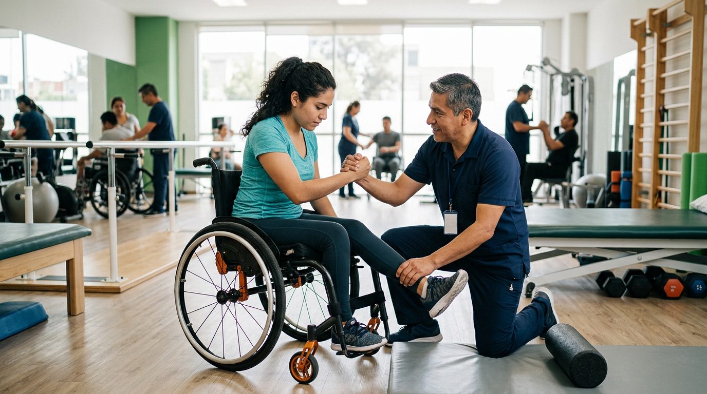 Joven en silla de ruedas durante sesión de rehabilitación con fisioterapeuta en gimnasio especializado.