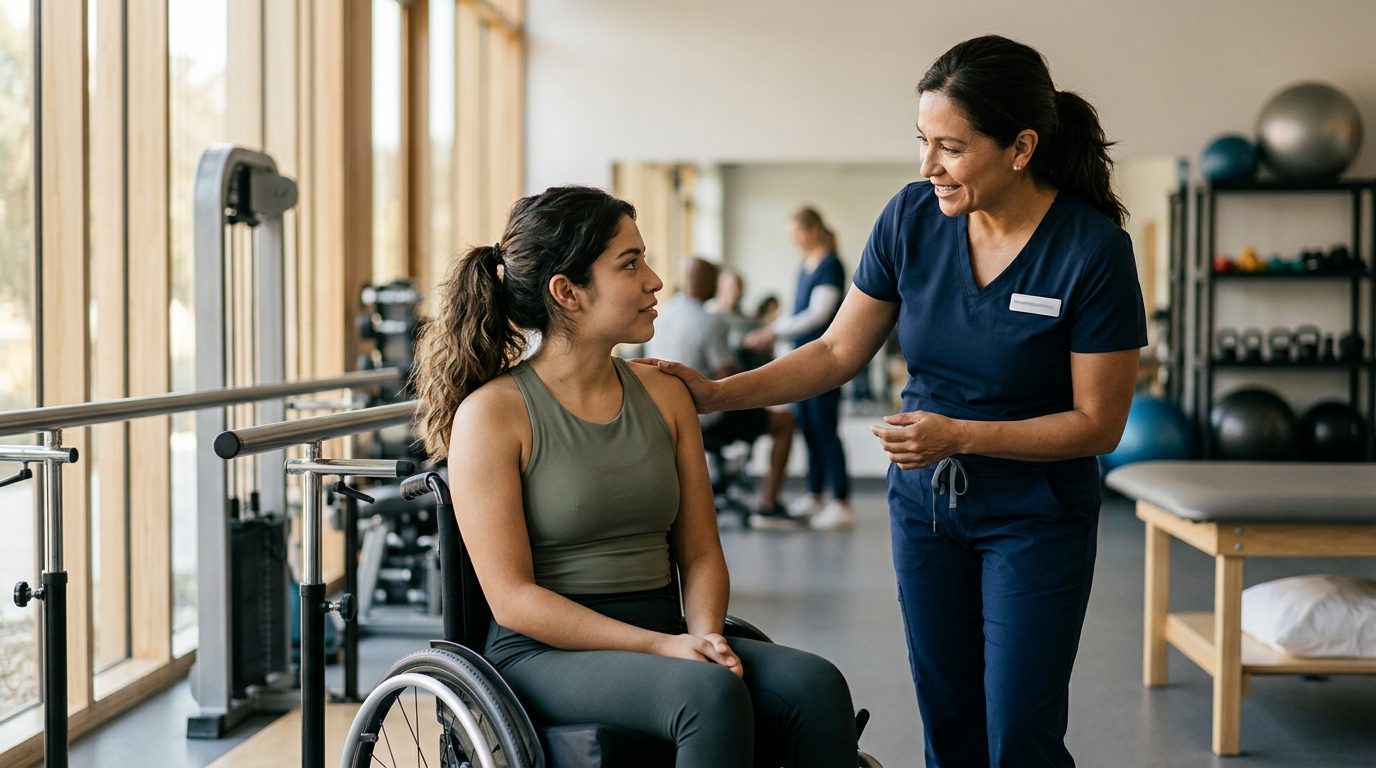 Joven en silla de ruedas durante sesión de rehabilitación con fisioterapeuta en gimnasio.