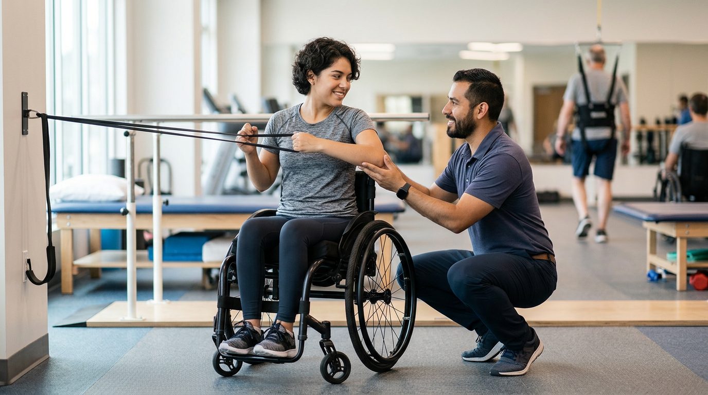Joven en silla de ruedas durante sesión de rehabilitación con fisioterapeuta en gimnasio especializado.