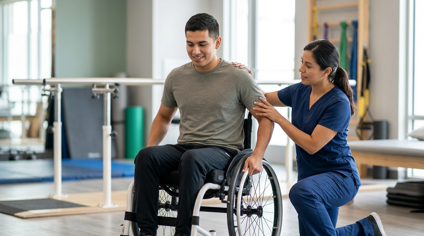 Joven en silla de ruedas durante sesión de rehabilitación con terapeuta físico.