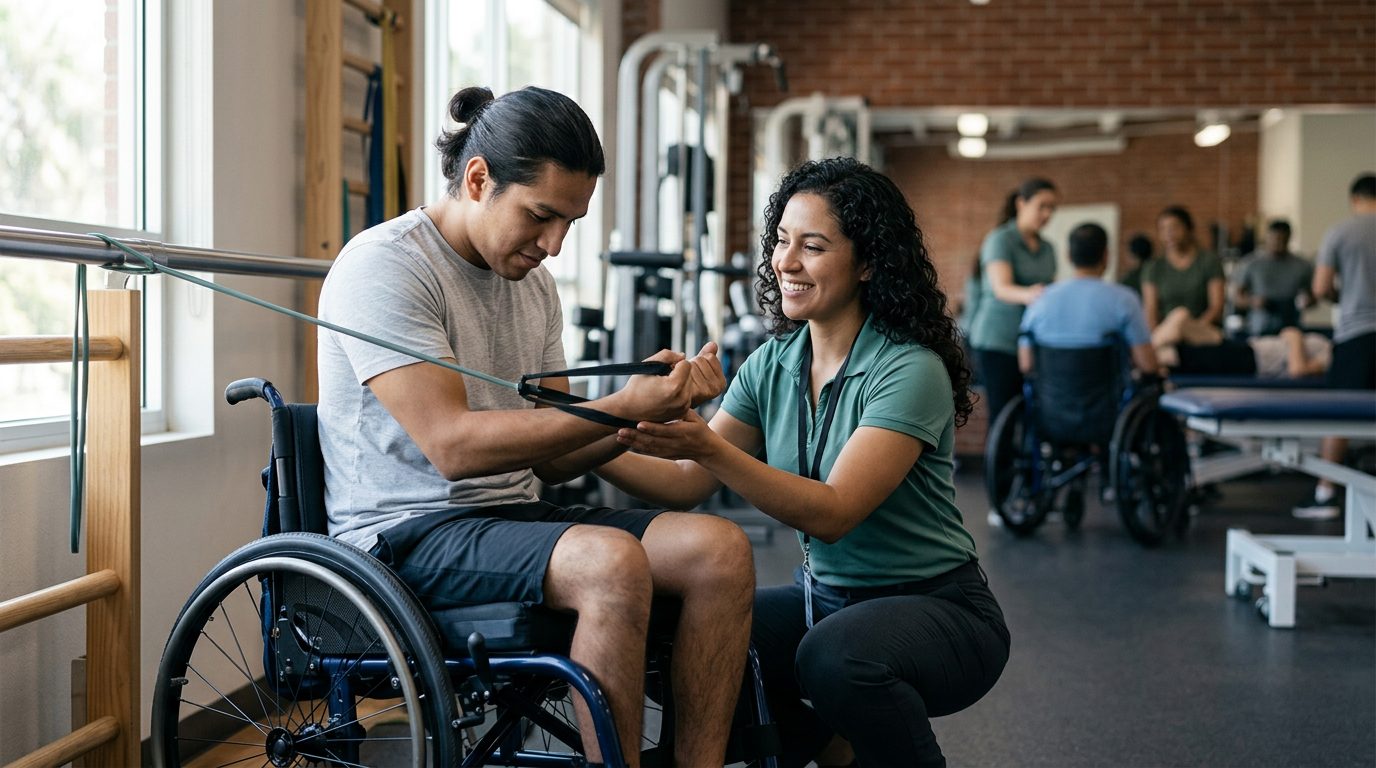 Joven en silla de ruedas durante sesión de rehabilitación con terapeuta físico.