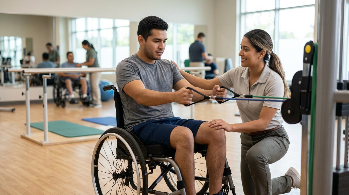 Joven en silla de ruedas durante sesión de rehabilitación con fisioterapeuta en gimnasio.