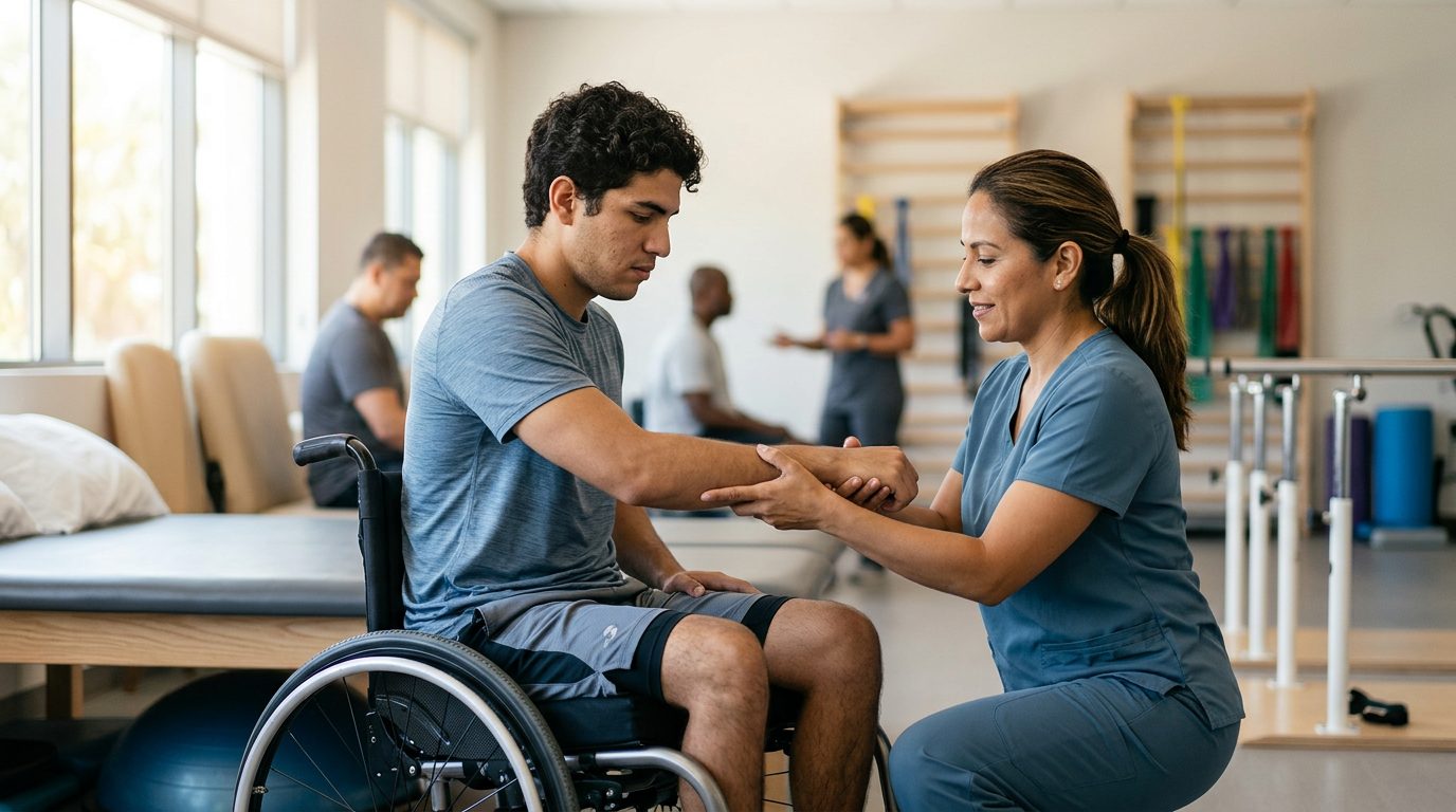 Joven en silla de ruedas durante sesión de rehabilitación con fisioterapeuta.