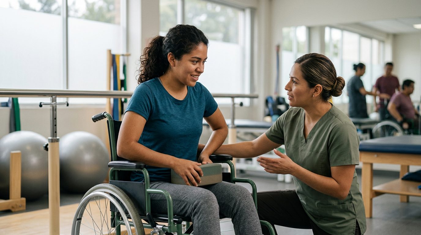 Joven en silla de ruedas durante sesión de rehabilitación con fisioterapeuta en gimnasio especializado.