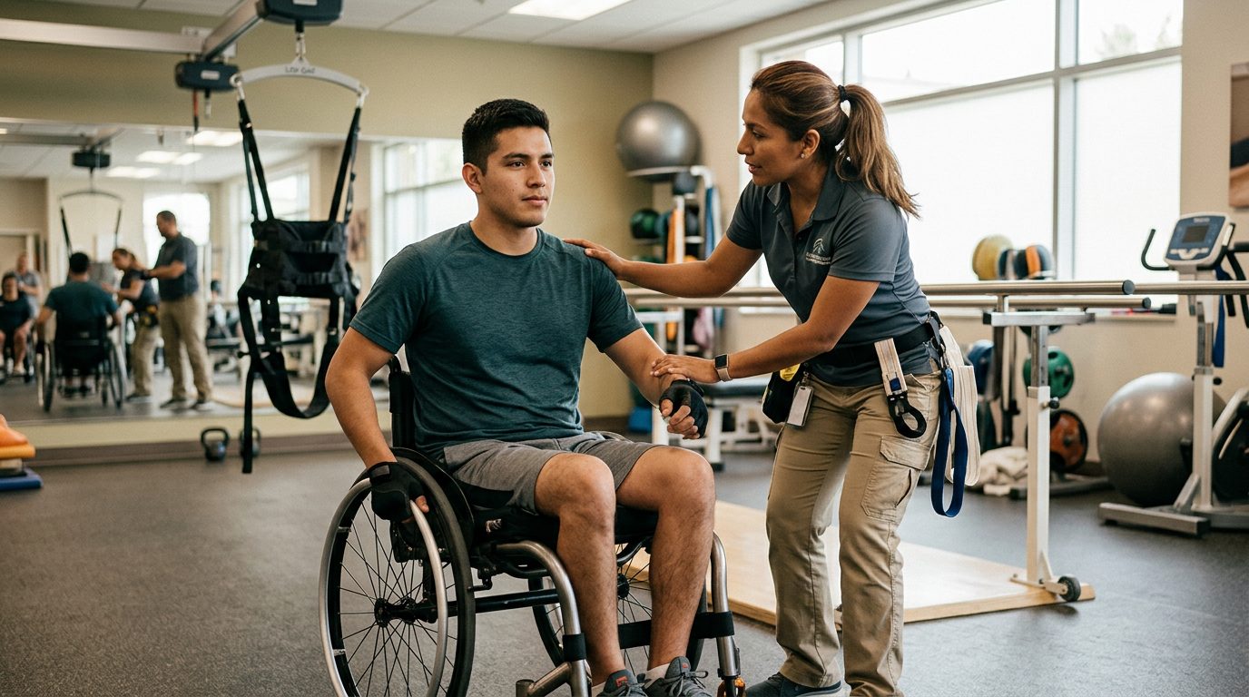 Joven en silla de ruedas durante sesión de rehabilitación con fisioterapeuta en gimnasio especializado.