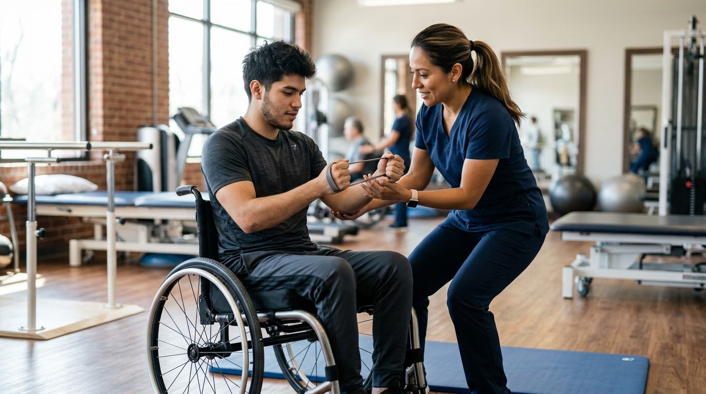 Joven en silla de ruedas durante sesión de rehabilitación con fisioterapeuta.