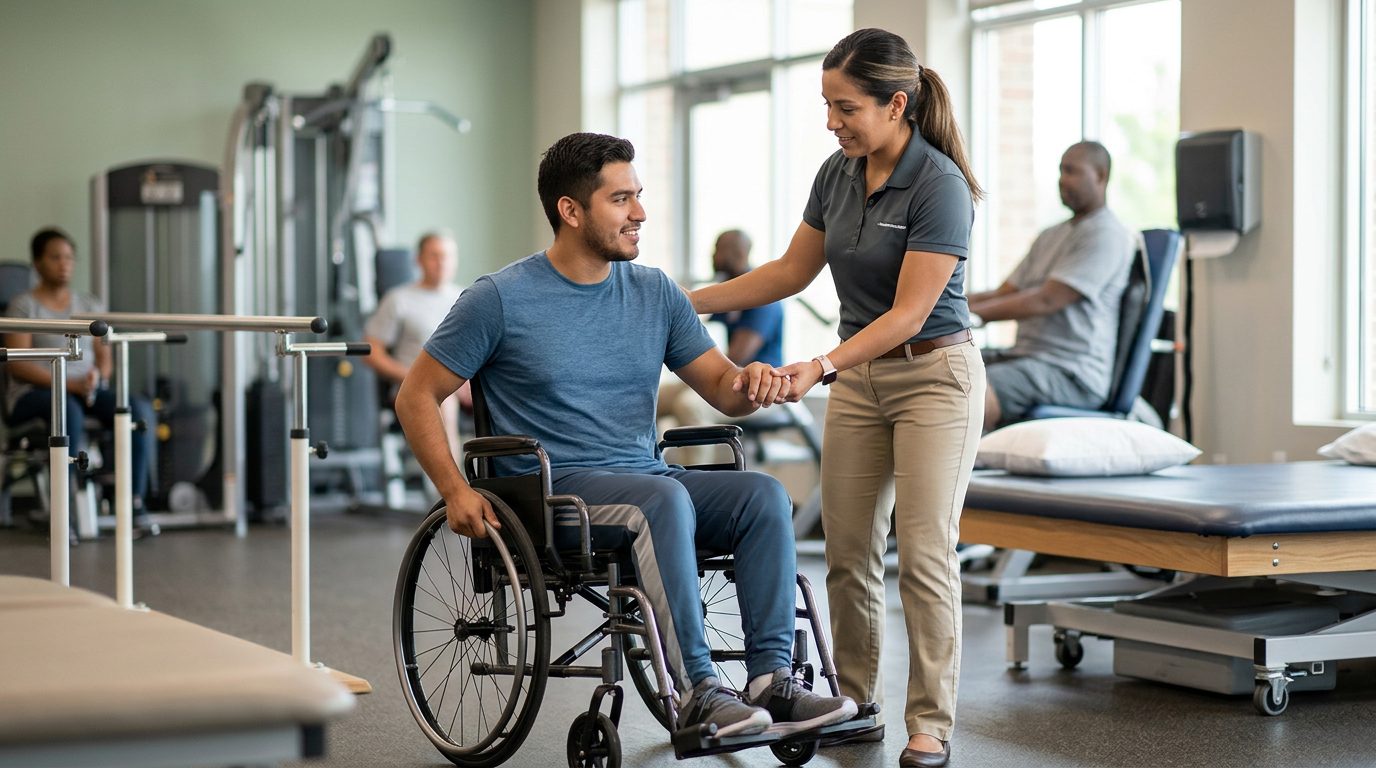 Joven en silla de ruedas durante sesión de rehabilitación con terapeuta físico.