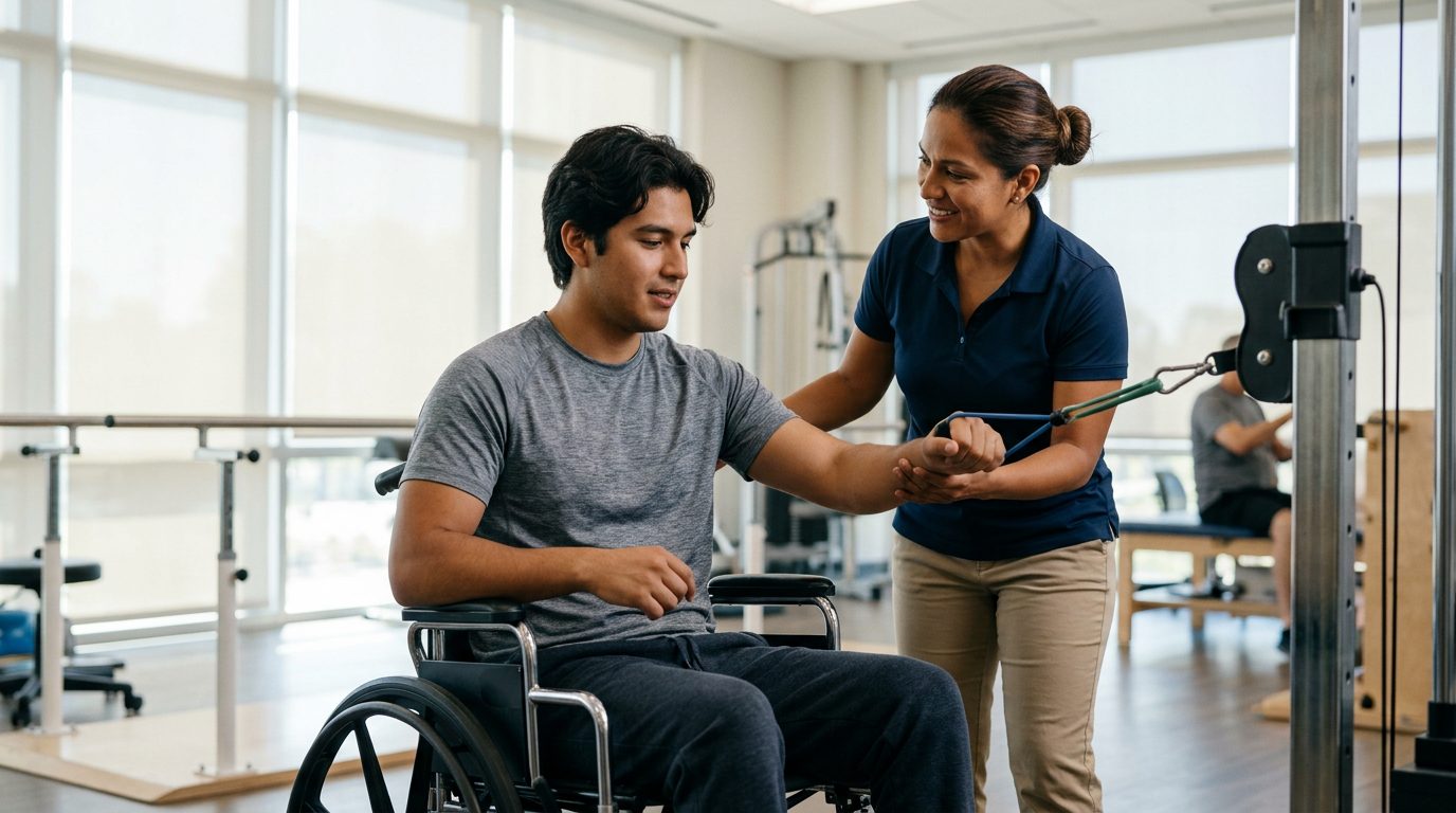 Joven en silla de ruedas durante sesión de rehabilitación de lesión medular con fisioterapeuta.